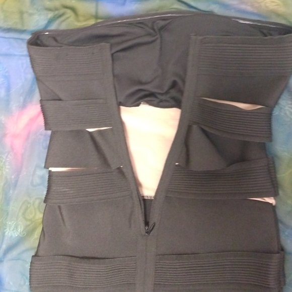 ❤️CELINE PARIS Runway Black / Tan Bandage Bodycon Strapless Wiggle Dress Small - Picture 8 of 10